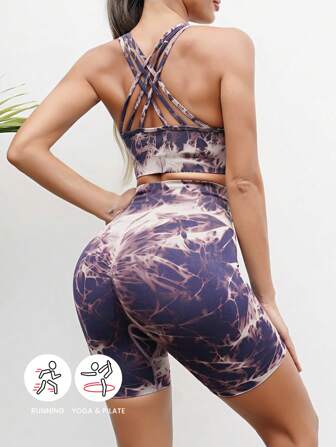 European And American High-Elastic Seamless Tie-Dye Sports Fitness Bra Tight Peach Yoga Pants Women