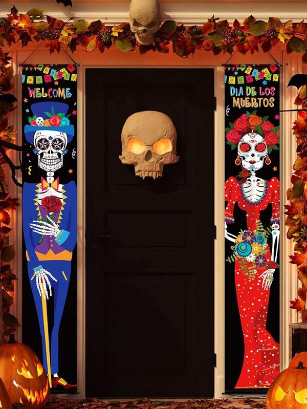 2pcs/1set Day Of The Dead Door Curtain Gatepost Couplet Porch Sign Door Banner Halloween Costume Mexico Babe Shower Birthday Party Supplies Decorations Flag Welcome Hanging Home Wall Decor,Hanging Flag Carnival Decoration For Indoor/Outdoor,Christmas