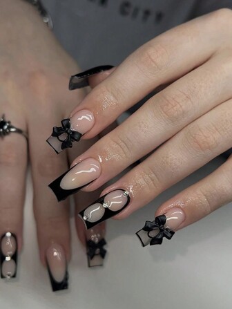 24Pcs Medium Rectangular Black French False Nails Bowknot With Rhinestone Decoration Design Glossy Full Coverage False Nails Set Press On Nails Nail Supplies Nails