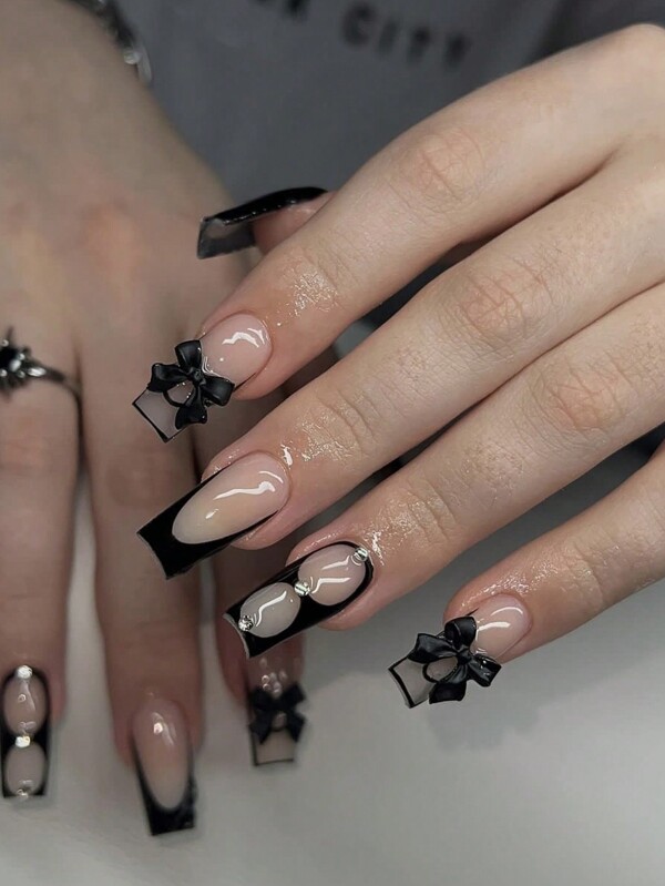 24Pcs Medium Rectangular Black French False Nails Bowknot With Rhinestone Decoration Design Glossy Full Coverage False Nails Set Press On Nails Nail Supplies Nails