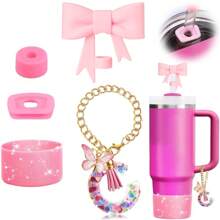 Set de 5 accesorios para tazas de 30oz y 40oz, decoraciones con iniciales para tumblers, que incluye tapa y funda de silicona para pajita, tapa a prueba de derrames, y dije para asa