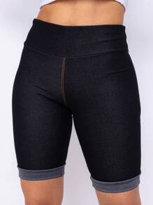 Women's Denim Shorts Bermuda Imita Jeans With Pockets High Waist Cotton - 黑色 - 查看 2
