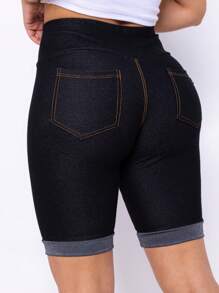 Women's Denim Shorts Bermuda Imita Jeans With Pockets High Waist Cotton - 黑色 - 查看 1
