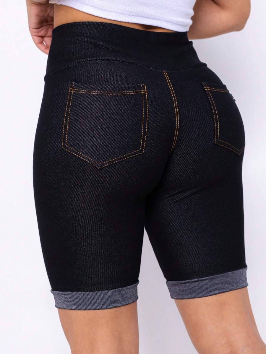 Women's Denim Shorts Bermuda Imita Jeans With Pockets High Waist Cotton - 黑色 - 查看 1