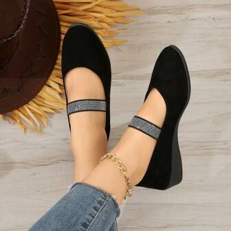 Plus Size Women's Crystal Embellished T-Strap Fashion Casual Comfortable Low Heel Slip-On Flat Shoes