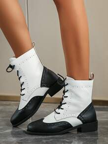 Botines de mujer de moda de otoño/invierno con estilo vintage, parches y cordones, cómodos, perfectos para combinar en Navidad y otras festividades - Blanco y Negro - Ver 4