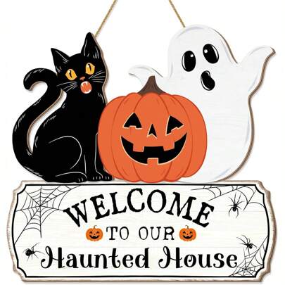 Halloween Decorations Door Hanging Sign, Halloween Welcome Front Door Hanger Wreath Yard Wall Decor Ghost Black Cat Pumpkin Wooden Door Sign For Halloween Party Supplies Home Haunted House Decor,Christmas