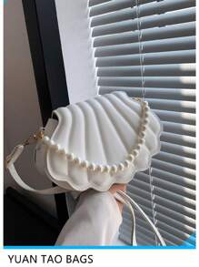 HELLO WEEKEND 1pc Faux-Leather Portable Handbag With Pearl Chain Straps And Flap Closure, Suitable For Women Daily Use