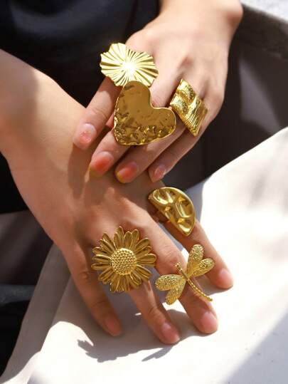 1 pieza Anillo grande y exagerado con diseño de flor de girasol para mujeres, de acero inoxidable color dorado, anillo geométrico para compromiso, boda y regalo de joyería para San Valentín