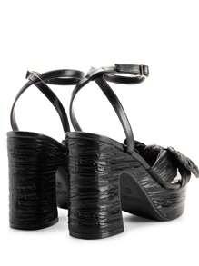 Women Chunky Platform Heeled Sandals, Pleated Bow Knot Ankle Buckle Strap Spring Summer Heeled Sandals, Open Toe Comfortable Y2K Dress Shoes For Prom, Wedding, Party - 黑色 - 查看 7