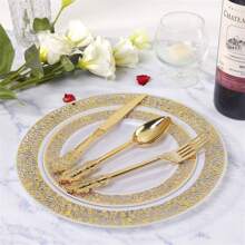 250/125/50/25/4 pièces Set de vaisselle réutilisable en plastique doré, comprend: Assiettes à dessert de 7,5 po, Assiettes de dîner de 10,25 po, Assiettes à bordure blanche et dorée, Couverts dorés premium - Idéal pour les rassemblements familiaux, anniversaires, mariages et vacances. Cadeau de Noël