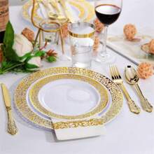 250/125/50/25/4 pièces Set de vaisselle réutilisable en plastique doré, comprend: Assiettes à dessert de 7,5 po, Assiettes de dîner de 10,25 po, Assiettes à bordure blanche et dorée, Couverts dorés premium - Idéal pour les rassemblements familiaux, anniversaires, mariages et vacances. Cadeau de Noël