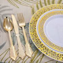 250/125/50/25/4 pièces Set de vaisselle réutilisable en plastique doré, comprend: Assiettes à dessert de 7,5 po, Assiettes de dîner de 10,25 po, Assiettes à bordure blanche et dorée, Couverts dorés premium - Idéal pour les rassemblements familiaux, anniversaires, mariages et vacances. Cadeau de Noël