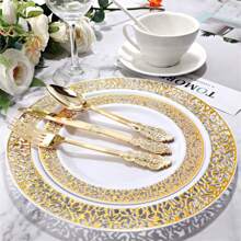 250/125/50/25/4 pièces Set de vaisselle réutilisable en plastique doré, comprend: Assiettes à dessert de 7,5 po, Assiettes de dîner de 10,25 po, Assiettes à bordure blanche et dorée, Couverts dorés premium - Idéal pour les rassemblements familiaux, anniversaires, mariages et vacances. Cadeau de Noël