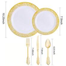 250/125/50/25/4 pièces Set de vaisselle réutilisable en plastique doré, comprend: Assiettes à dessert de 7,5 po, Assiettes de dîner de 10,25 po, Assiettes à bordure blanche et dorée, Couverts dorés premium - Idéal pour les rassemblements familiaux, anniversaires, mariages et vacances. Cadeau de Noël