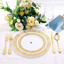 250/125/50/25/4 pièces Set de vaisselle réutilisable en plastique doré, comprend: Assiettes à dessert de 7,5 po, Assiettes de dîner de 10,25 po, Assiettes à bordure blanche et dorée, Couverts dorés premium - Idéal pour les rassemblements familiaux, anniversaires, mariages et vacances. Cadeau de Noël