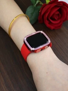 Compatible With Apple Watch Band And Case Combination Set Women's Fashion Sports Soft And Comfortable Metal Buckle Silicone Band + Anti-Drop, Anti-Scratch Shiny Double Row Diamond Hard PC Case Compatible With Apple Watch 38/40/41/42/44/45/46/49MM Band And Cases Compatible With Apple Watch Series Ultra/10/9/8/7/6/5/4//3/SE Replacement Band Case Set