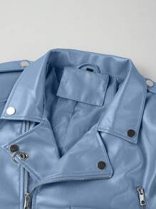 Risissida 女士秋冬街头风仿皮短款机车夹克 - 不对称拉链，可调节腰带，时尚都市通勤装扮 - 藍色 - 查看 7