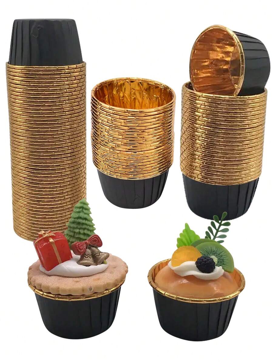 50 件装烘焙松饼杯衬垫纸杯蛋糕盒，适用于空气炸锅、烤箱烘焙的羊皮纸杯 - 黑金色 - 查看 1