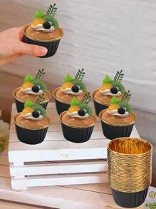 50 件装烘焙松饼杯衬垫纸杯蛋糕盒，适用于空气炸锅、烤箱烘焙的羊皮纸杯 - 黑金色 - 查看 3