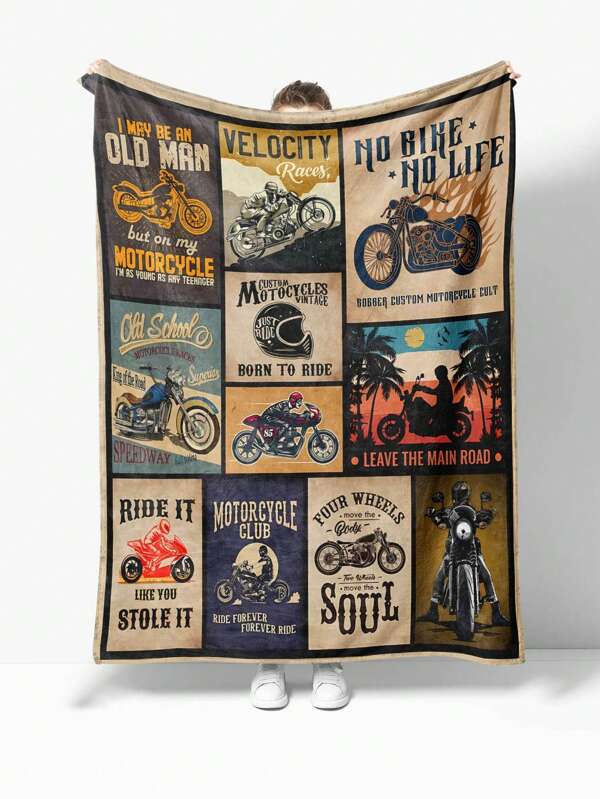 1pc Comfortable Motorcycle Pattern Flannel Blanket, Bedroom Decor, Picnic Mat, Travel Rug, Wool Blanket, Bedspread, Throw Blanket, Fluffy Blanket, Leisure Blanket, Autumn Blanket, Summer Blanket, Bedroom Blanket, Soft Blanket, Sofa Cover, Cool Wool Blanket, Soft Polyester Knitted Design, Suitable For Multiple Uses, Machine Washable, Bedding, Ideal Gift For Home And Travel, Soft And Warm Gift For Family And Friends, Perfect Gift For Motorcycle Enthusiasts