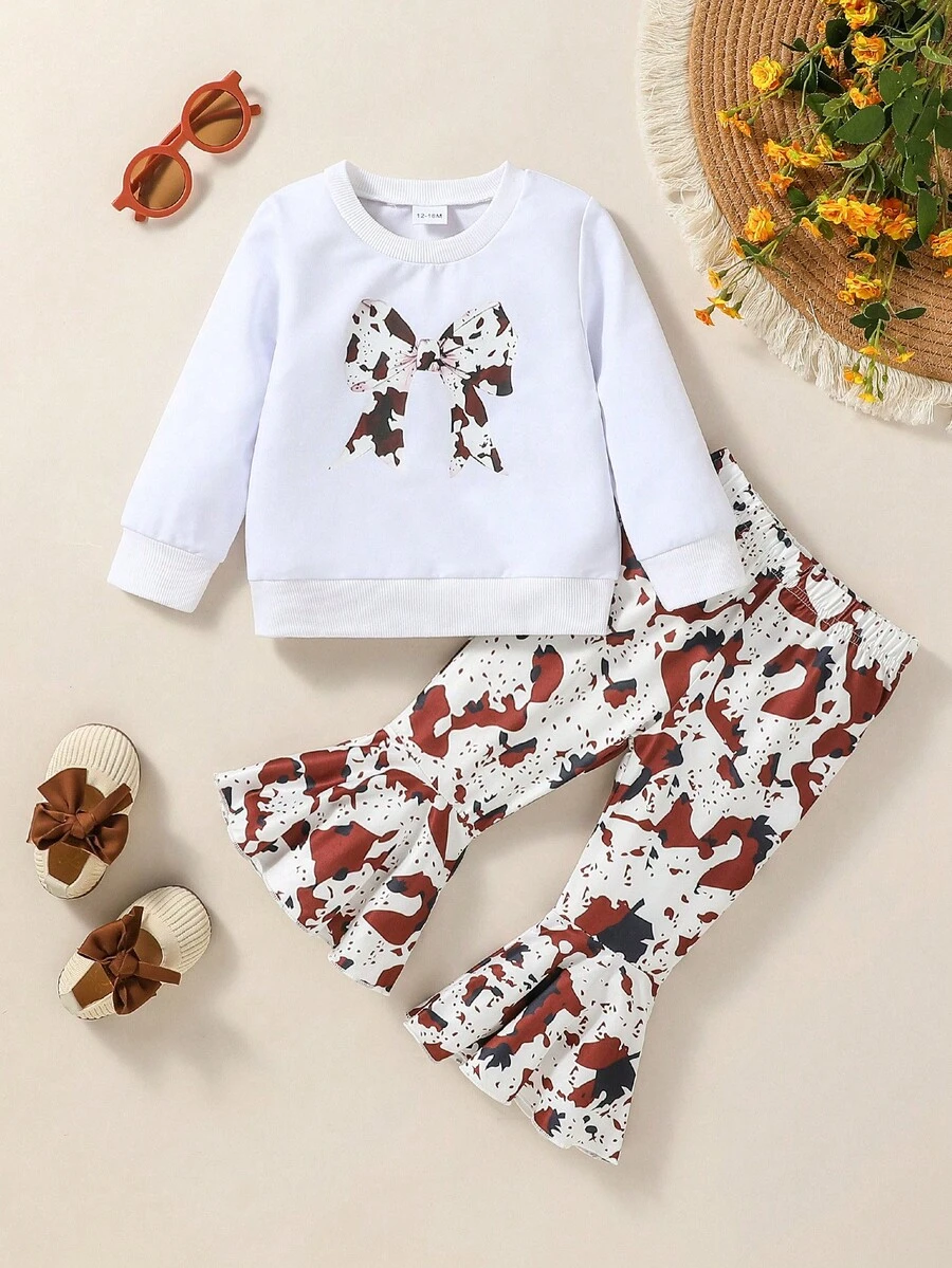 Conjunto de 2 peças de blusa e calça de manga comprida estampada confortável para bebês meninas, outono/primavera - Branco - Ver 1