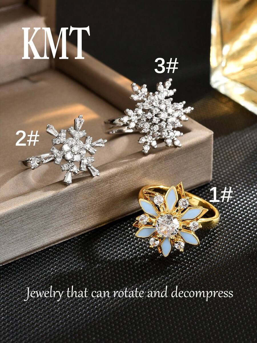 KMT 1pc Hợp kim đồng pha lê Zirconia thiết kế hình bông tuyết có thể xoay giảm áp suất cao cấp thời trang vòng mở hộp quà Giáng sinh