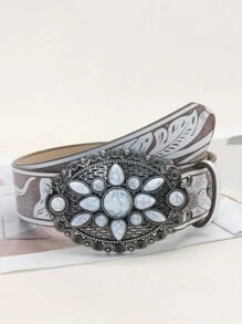 1 件女士白色宝石装饰风牛头印花时尚 PU 皮革宽腰带，适合牛仔裤和连衣裙夏季、学校秋季、秋季、万圣节 - 白色 - 查看 13