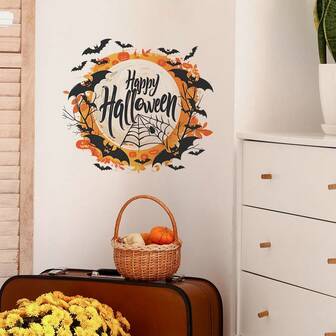 Halloween Decoration 1pc 39*39cm (15.3*15.3in) Halloween Decor Pumpkin Wreath With Spider Web And Bats, Pumpkin Wreath With Castle & Bats, Suitable For Living Room, Bedroom, Mall Background Decoration, Can Create Halloween Holiday Atmosphere