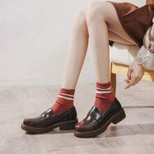 Women Platform School Loafers, Block Mid Heel Slip-On Loafers Comfy Uniform Dress Shoes - 棕色 - 查看 5