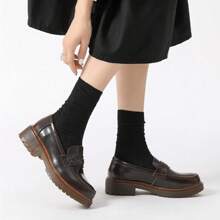 Women Platform School Loafers, Block Mid Heel Slip-On Loafers Comfy Uniform Dress Shoes - 棕色 - 查看 4