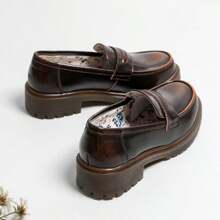 Women Platform School Loafers, Block Mid Heel Slip-On Loafers Comfy Uniform Dress Shoes - 棕色 - 查看 2