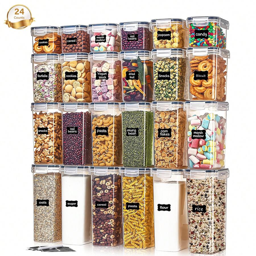 9/18/24pcs Airtight Food Storage Container With Lid, Sealed Capacity For Flour, Sugar, Baking Supplies, And Dry Goods With Labels And Tags, Dishwasher Safe, Plastic Food Jar For Kitchen Pantry Organization, Kitchenware. - trắng - Xem 1