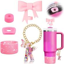 Set de 5 accesorios para tazas de 30oz y 40oz, decoraciones con iniciales para tumblers, que incluye tapa y funda de silicona para pajita, tapa a prueba de derrames, y dije para asa