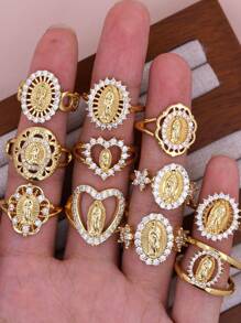 1pc DIY New Virgin Mary Classic Ring, Copper Micro-Inlay CZ Plated 18K Gold Women Girls Faith Virgin Mary Ring