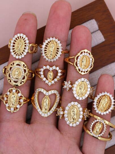 1 pieza Anillo de la Virgen María clásico DIY, anillo de creencias religiosas de la Virgen María chapado en oro de 18K con microempedrado de CZ de cobre para mujeres y niñas