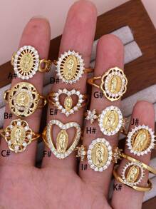 1pc DIY New Virgin Mary Classic Ring, Copper Micro-Inlay CZ Plated 18K Gold Women Girls Faith Virgin Mary Ring