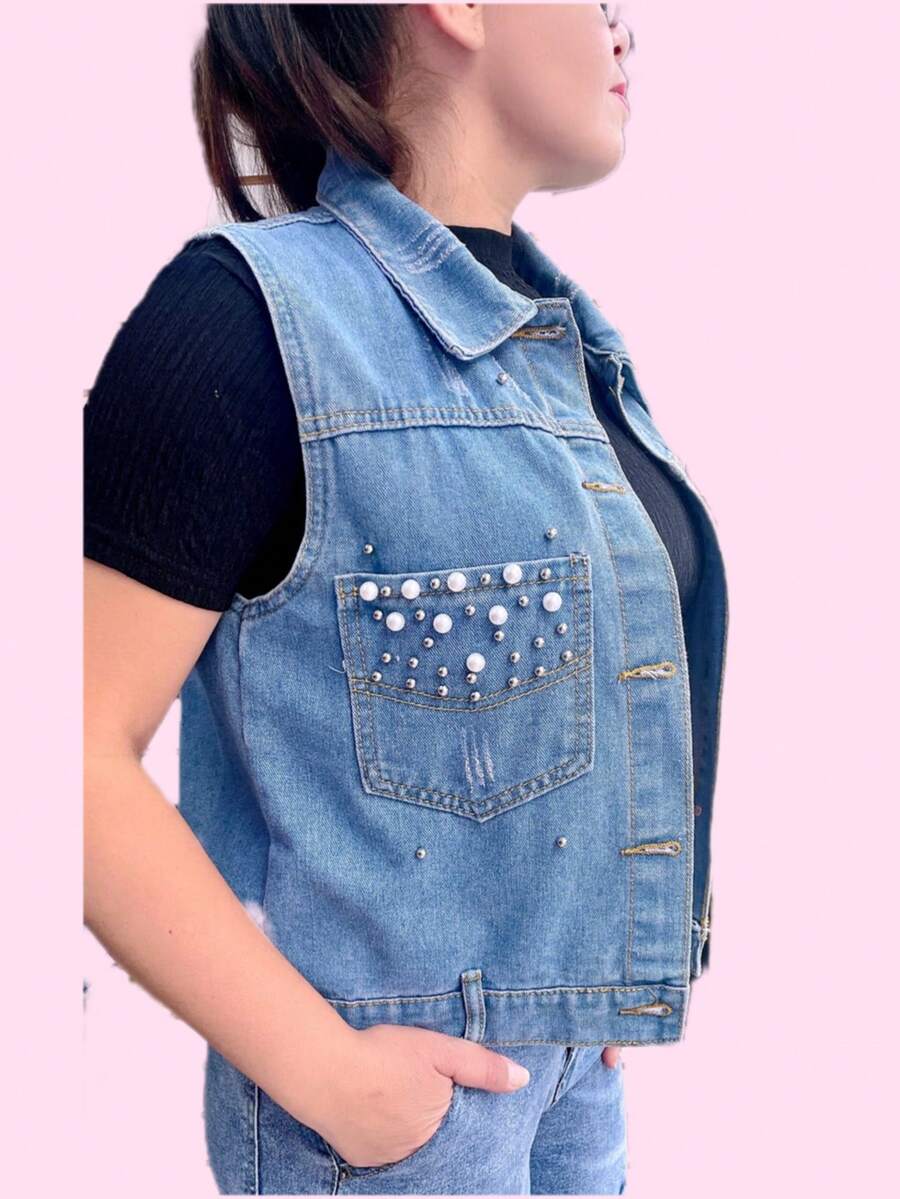 Chaleco de mazclilla con perlas de dama - Celeste - Ver 1