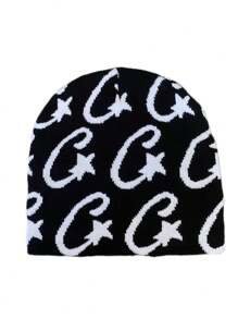 1 pièce Bonnet tricoté jacquard étoile, Chapeau crâne décontracté, Casquette de ski à la mode, Casquette de sport, Chapeau de couple, Cadeau de vacances