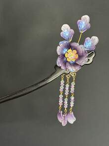 女士优雅串珠流苏花发簪，中式发髻夹发夹，适合旗袍和汉服 - 淡紫色 - 查看 2