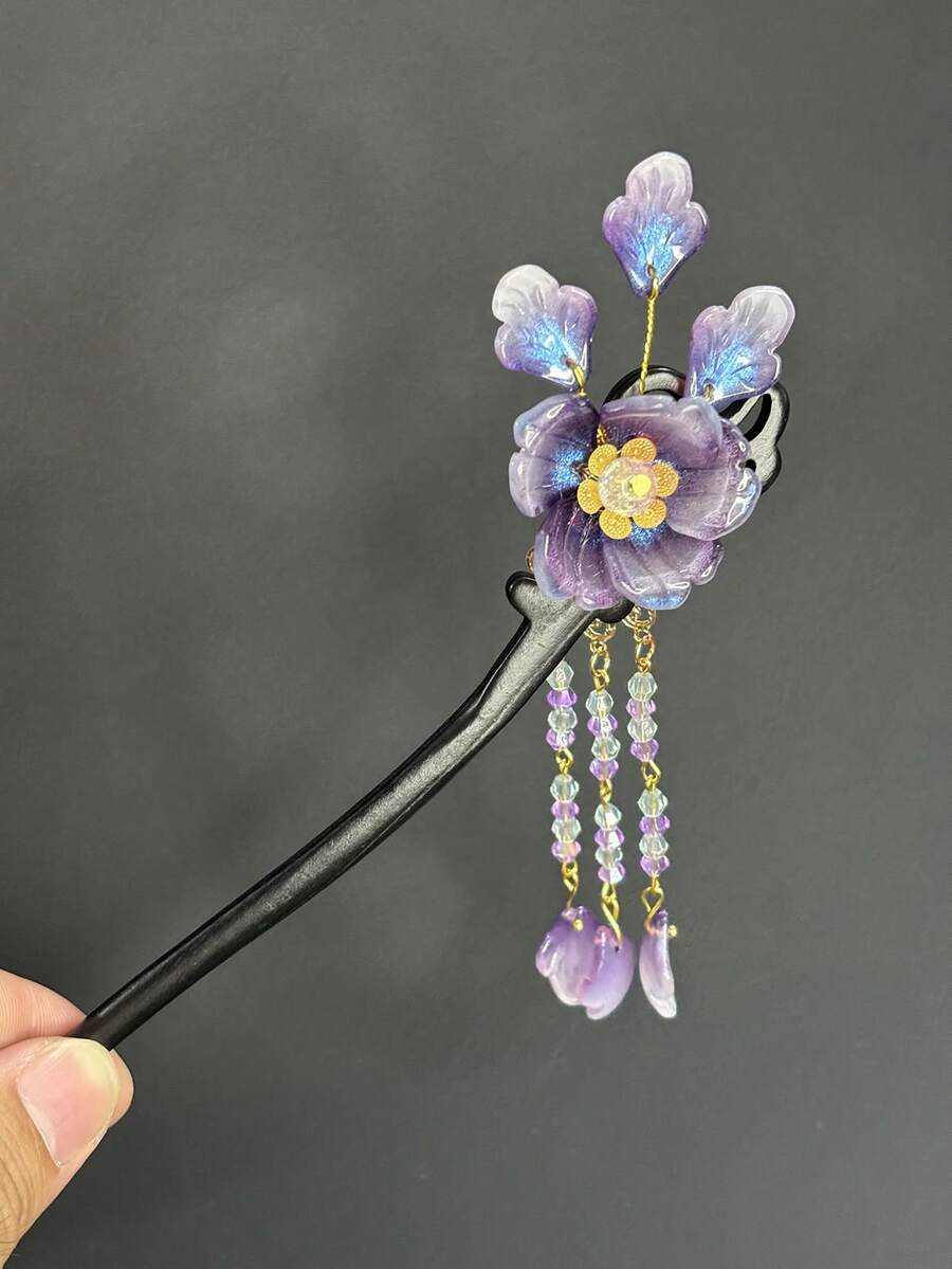 女士优雅串珠流苏花发簪，中式发髻夹发夹，适合旗袍和汉服 - 淡紫色 - 查看 1