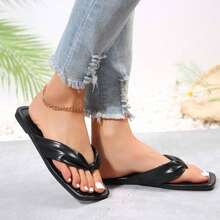 Stylish Women's Ruched Strap Flat Sandals - Open-Toe Beach Slippers With Chic Square Toe Design - Perfect For Outdoor Activities And Flip Flop Lovers! - 黑色 - 查看 6