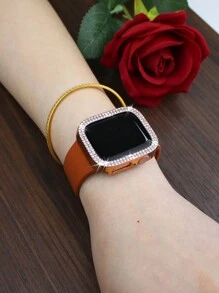 適用於 錶帶與錶殼尺寸 40mm 41mm 42mm 44mm 45mm 46mm 49mm，柔軟舒適休閒運動矽膠錶帶搭配閃亮水鑽鑲嵌防震硬 PC 中空錶殼，相容 Series Ultra/12/11/9/8/7/6/5/4/SE，適用於 女款時尚錶帶與錶殼 - 玫瑰金 - 查看 3