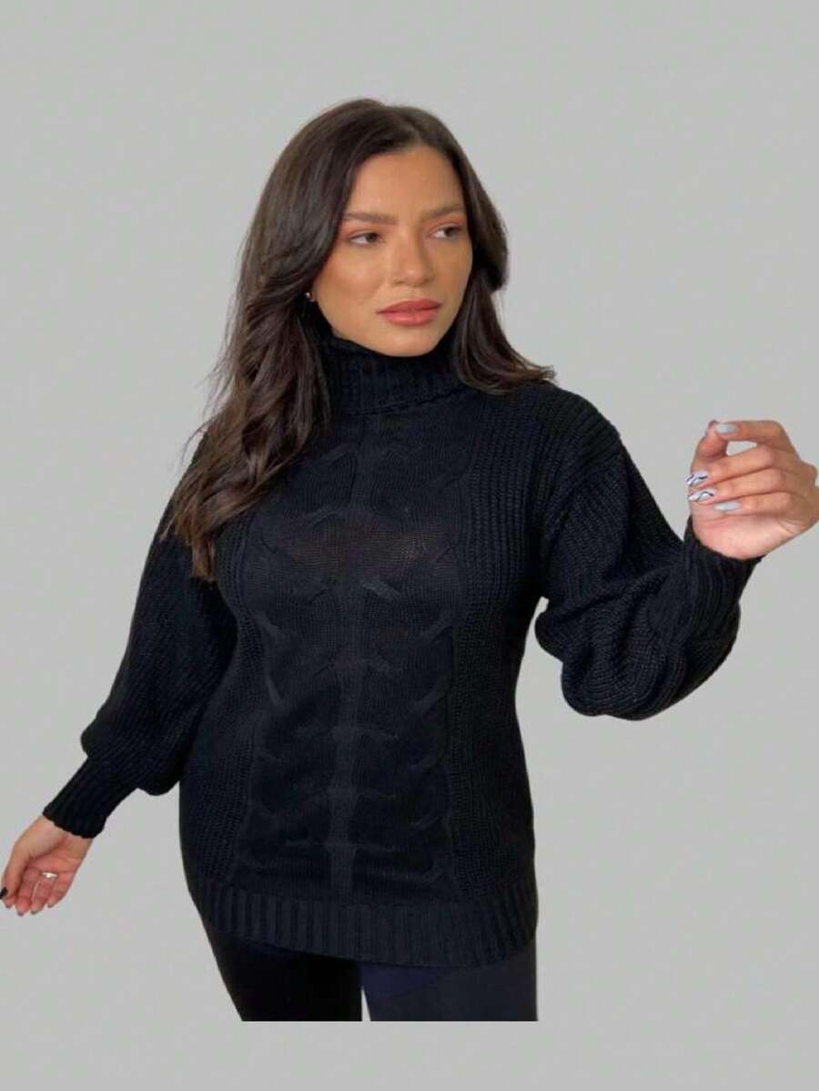 Elegance High Neck Blouse Produced In Fang Knitting With Puffed Sleeves - màu đen - Xem 1