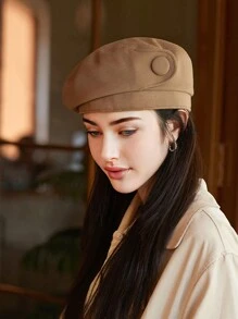 1pc Women Autumn Beret Hat, Simple Solid Color, Button Decoration, Versatile, Leisure Beanie, Retro Artist Cap, Elegant, Warm Halloween - Multicolor - View 13