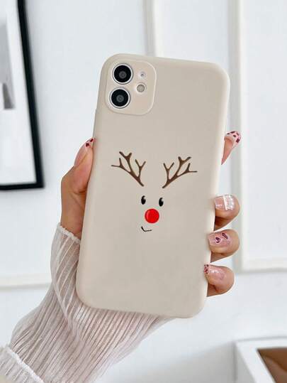 1pc Beige Matte TPU Shockproof Painted Christmas Deer Pattern Phone Case Compatible With Iphone 7G/8PLUS/X/XR/XS MAX/11/12/13/14 PRO/15 Pro Max