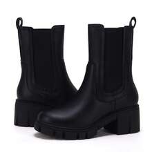 Women's Lug Sole Platform Boots Mid Calf Elastic Chunky Block Heel Leather Chelsea Booties - 黑色 - 查看 4