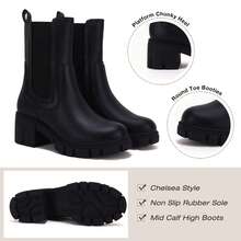 Women's Lug Sole Platform Boots Mid Calf Elastic Chunky Block Heel Leather Chelsea Booties - 黑色 - 查看 3