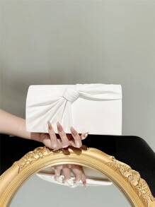 女士优雅蝴蝶结翻盖手拿包晚宴包、正式派对手提包、真皮婚礼钱包、浪漫白色新娘包、信封链单肩包、交谊舞斜挎包 - 白色 - 查看 3