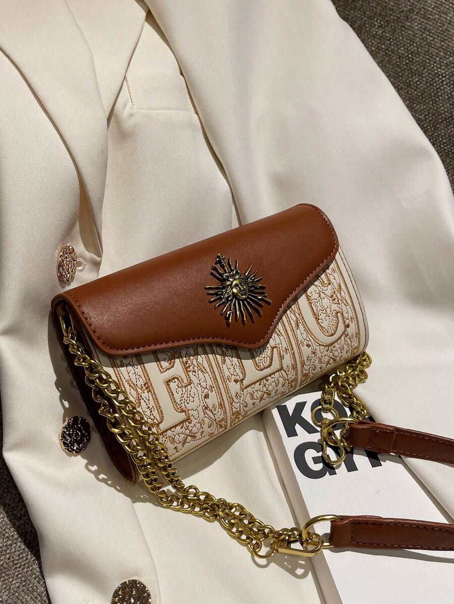 Mini Letter Embroidery Flap Square Bag Metal Decor Fashionable - Brown - View 1